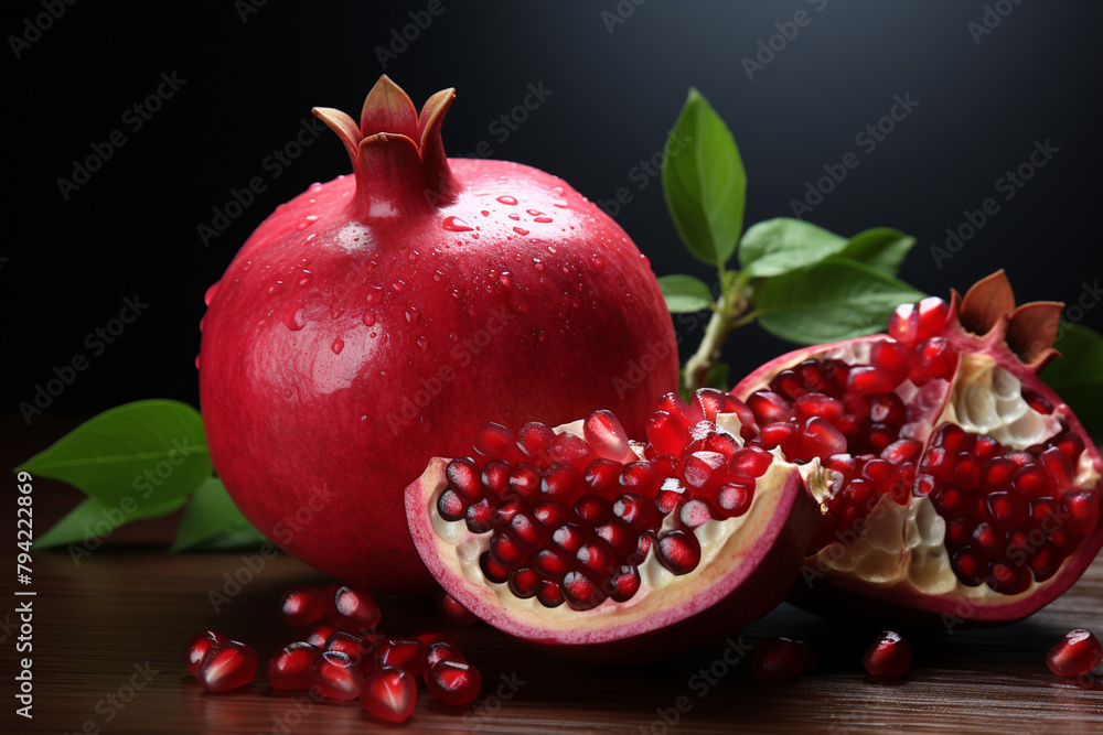 Pomegranate fruit with leaves and seeds on a black background Pomegranate fruit with leaves and seeds on a black background