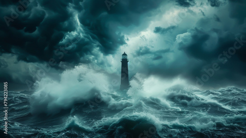 An evocative portrait of a solitary lighthouse against a tempestuous sea, merging Documentary, Editorial, and Magazine Photography styles,