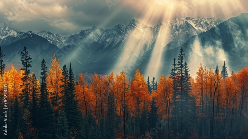 Banff National Park in autumn, Crepuscular rays over colorful forests, Magazine Photography,