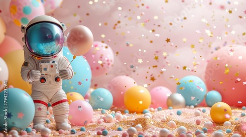 Astronaut celebration concept with colorful balloons and confetti