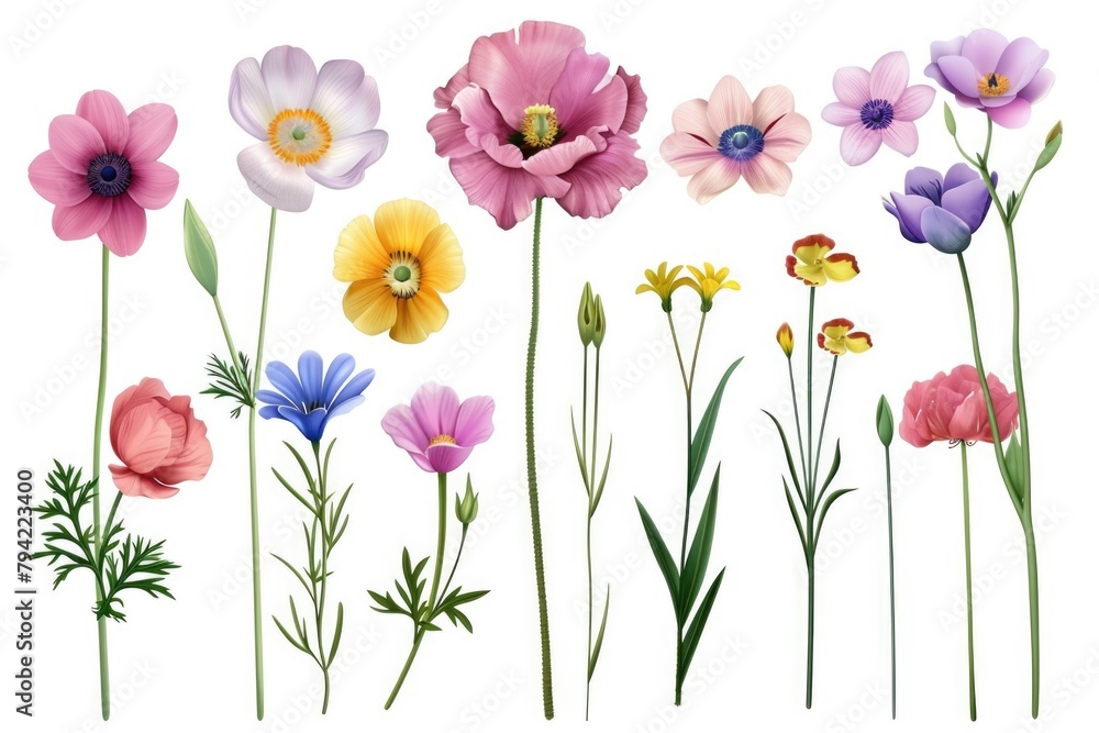 A variety of vibrant flowers on a clean white backdrop. Perfect for any floral or spring-themed project A variety of vibrant flowers on a clean white backdrop. Perfect for any floral or spring-themed project