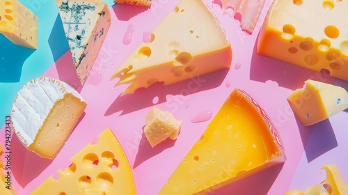 Colorful abstract of cheese varieties on a pastel whimsical background, photo