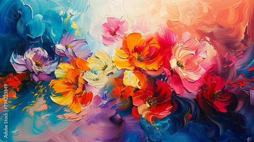  a fluid abstract expressionism piece featuring a burst of blooming flowers in vibrant hues. Use swirling brushstrokes and dynamic movements to convey energy and vitality