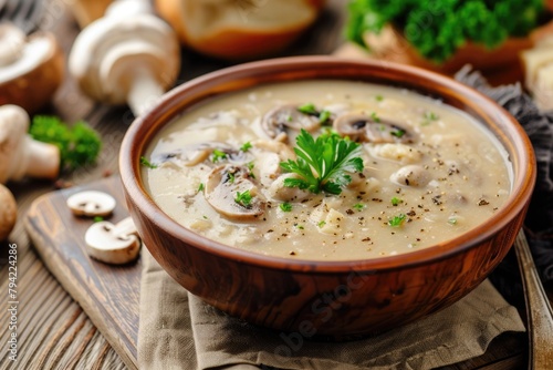 Delicious bowl of mushroom soup served with crusty bread. Perfect for food blogs or restaurant menus