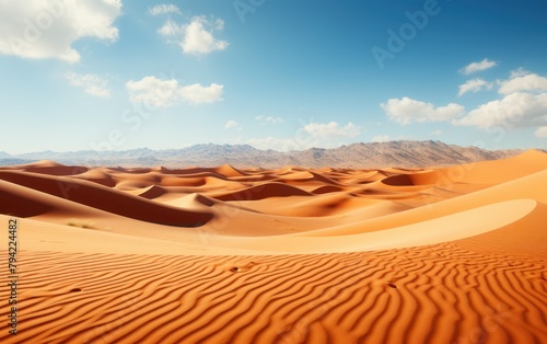 A desert landscape showcasing sand dunes with towering mountains in the background