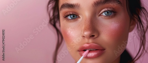 Imagine a beauty influencer reviewing a lip gloss, highlighting its pastel shade and metallic cap in a tutorial that demonstrates how to achieve a perfect glossy lip 8K , high-resolution, ultra HD,up3