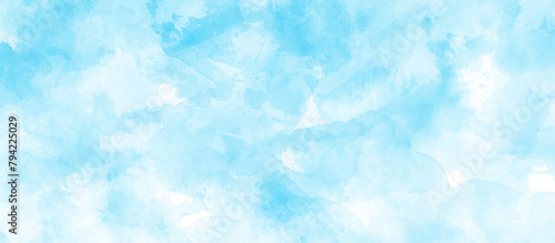 blue and white watercolor paint splash or blotch with sky blue stains, grunge Light blue background with watercolor, watercolor scraped grungy paper texture, Blue sky is surrounding with tiny clouds.