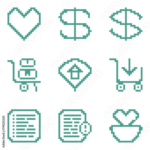 Set of icons in pixel art style for an online store, price icon, like icon, delivery icon, location address icon, product catalog icon, shopping cart icon, complaint icon photo