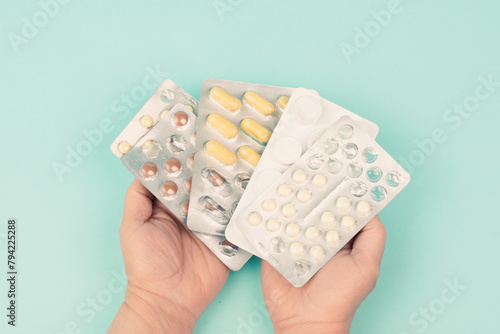 Pills with medicine, addiction to supplements and overdosis, drug prescription, pharmacy tablets, healthcare and treatment