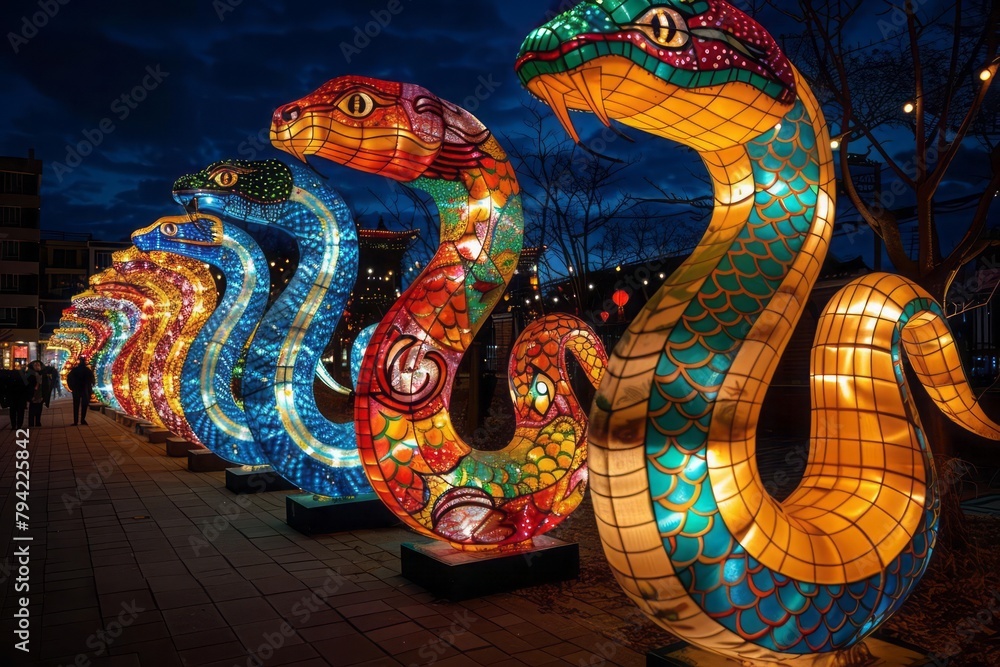 Snake-shaped lanterns, 2025 Lunar New Year market, glowing night stalls