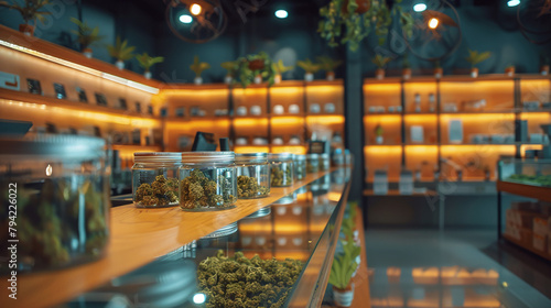 marijuana flowers in glass jars in a natural medicine pharmacy, alternative health, CBD hemp industry photo