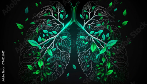 Abstract concept of healthy lungs. Fresh green lungs full of leaves. Generative AI,