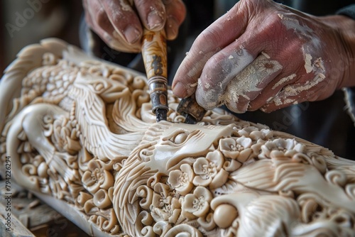 Scrimshander carving intricate designs on whalebone, revival of a maritime craft photo