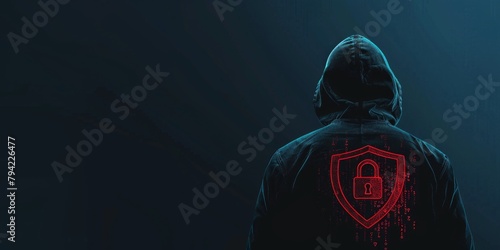 A man in a black hoodie with a red shield and padlock icon on a dark blue background, concept of cyber security or data protection for online personal information technology  Generative AI photo