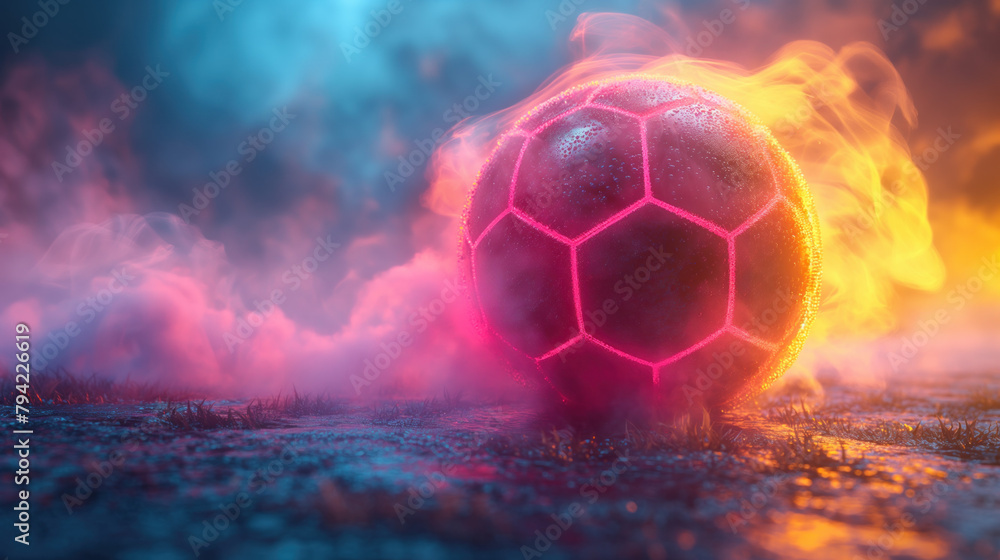 Fototapeta premium Neon Soccer Ball with Glowy Smoke on a Dark Background