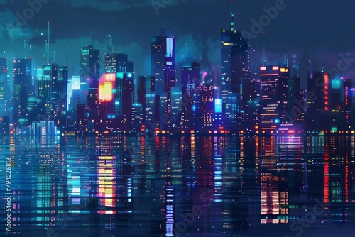 Pixelated cityscape at night  urban lights as digital blocks  cyberpunk vibe