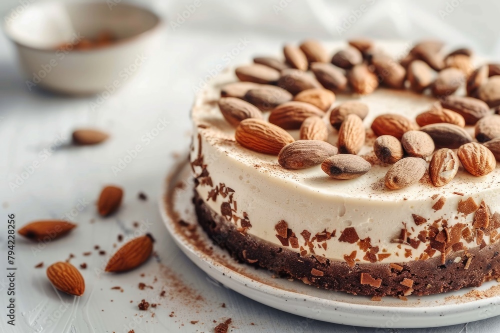 A delicious cake topped with nuts on a plate. Ideal for food blogs or baking recipes A delicious cake topped with nuts on a plate. Ideal for food blogs or baking recipes