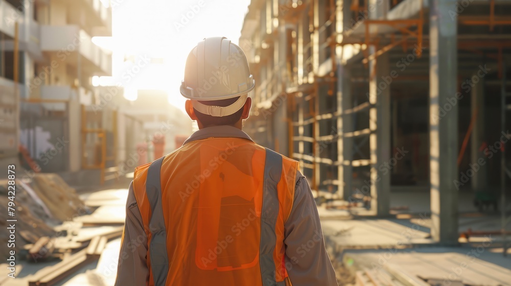 Rear view of builder inspector at construction site, worker's day, labor day Rear view of builder inspector at construction site, worker's day, labor day