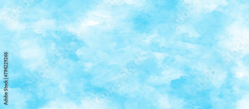 blue and white watercolor paint splash or blotch with sky blue stains, grunge Light blue background with watercolor, watercolor scraped grungy paper texture, Blue sky is surrounding with tiny clouds.