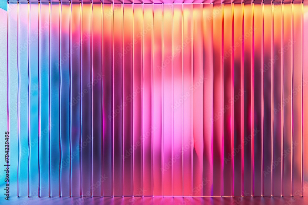 Reeded Glass. Blue, Purple, Yellow, Green, Pink and Violet. Patterned background with neon line and transparent effect. Geometric design with holographic material. Colored Ribbed Background.