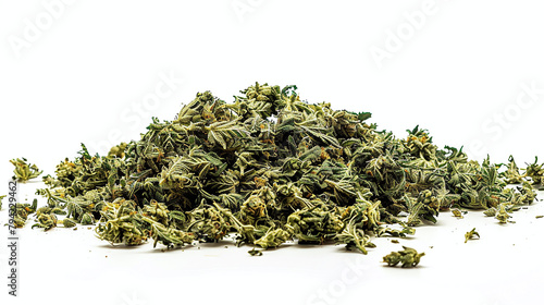 chopped or crushed marijuana flowers on white background, weed consumption, alternative medicine CBD