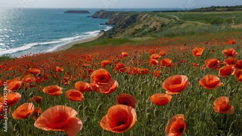 field of red poppies and sea in the background