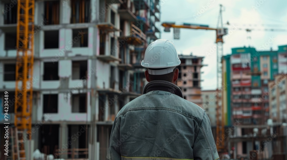 Rear view of builder inspector at construction site, worker's day, labor day Rear view of builder inspector at construction site, worker's day, labor day