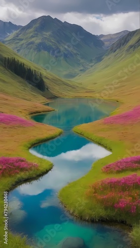 A small lake surrounded by green meadows high in the mountains. Generative AI, Generative, AI