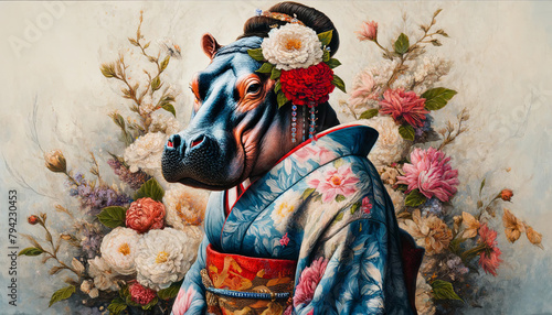 A hippopotamus dressed in a kimono stands in front of a field of flowers. The flowers are pink and white.