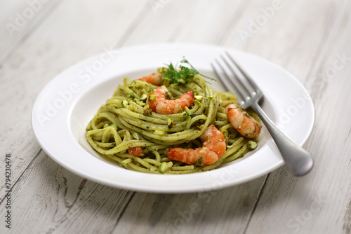 Sicilian pasta with pistachio pesto and shrimp, Italian cuisine