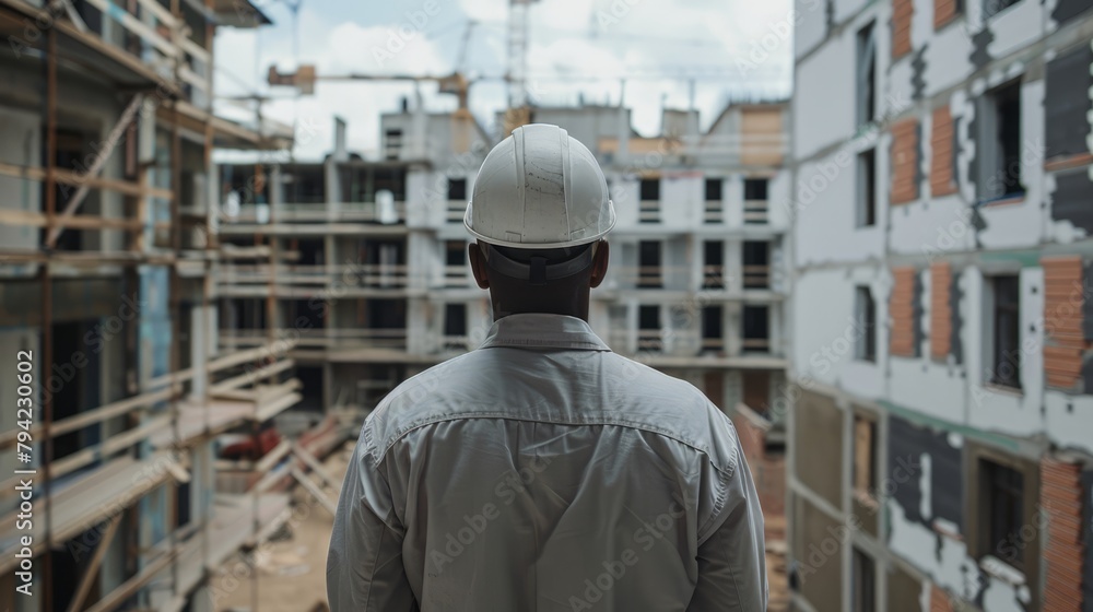 Rear view of builder inspector at construction site, worker's day, labor day Rear view of builder inspector at construction site, worker's day, labor day