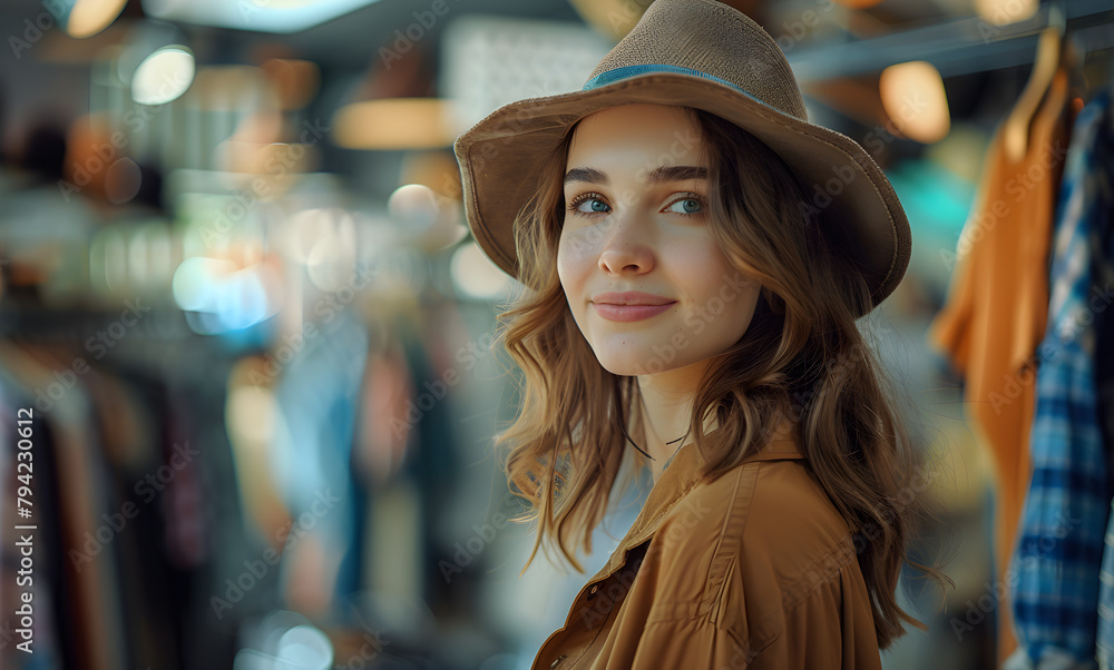 A beautiful young woman in a hat looking at the clothing in a store. A beautiful young woman in a hat looking at the clothing in a store.