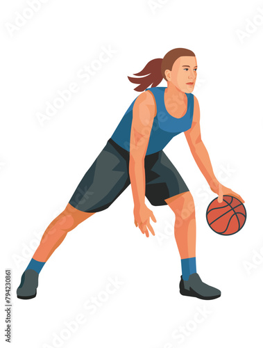 Girl figure of women's basketball player in a blue jersey dribble the ball protecting it