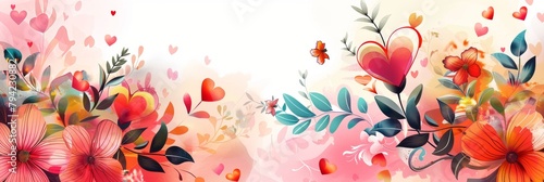 Floral Bouquet and Hearts on Pink Background