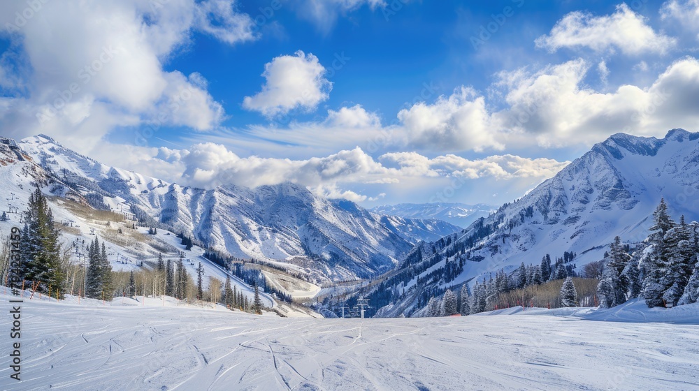 Fototapeta premium Experience the Thrill of Skiing at Snowbird Resort: Adventure with Breathtaking Mountain