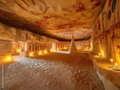 A cave with a large stone pillar in the middle. The cave is decorated with paintings and has a warm, inviting atmosphere photo