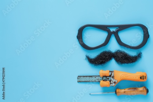 Glasses, scissors, and fake moustache on blue background. Ideal for DIY or disguise concepts