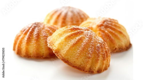 French Madeleines Cake Close-up on White Background. Isolated Sweet Dessert Cookie for Food photo