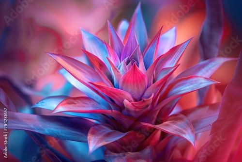 Beautiful Bromeliad Flower. Close-up of Aechmea Fasciata Blooming in Bright Colors on a Botanical photo