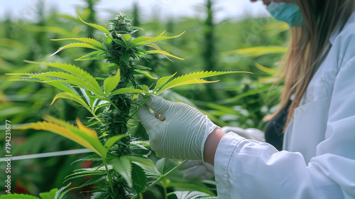 close up of doctor checking on marijuana plant quality, weed crops, plantation, CBD business, field