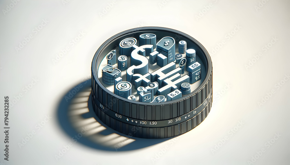 3D Icon: Financial Lens with Currency Symbols and Equations in Isometric Scene 3D Icon: Financial Lens with Currency Symbols and Equations in Isometric Scene