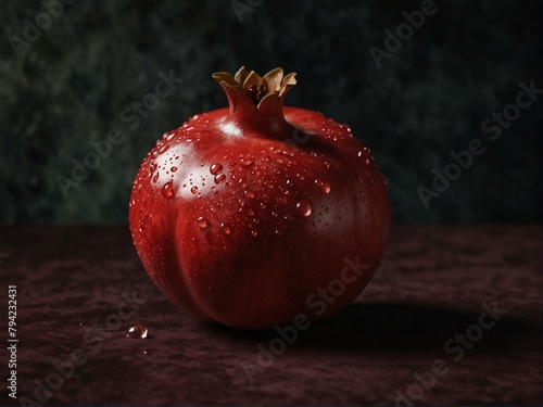 The image captures the intricate details of the pomegranate's arils and crown, with a focus on light and texture. photo
