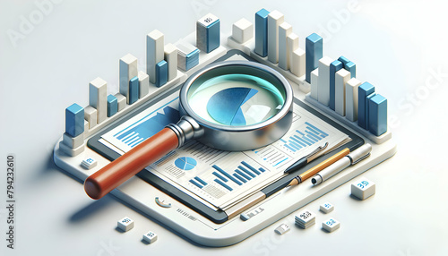 Magnifying Glass Revealing Hidden Insights in Financial Documents in Isometric Scene - 3D Icon Concept