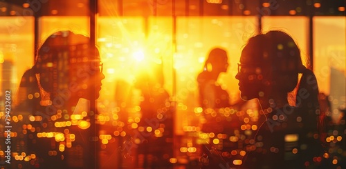 Double exposure. People work in the office. View from the window at sunset.