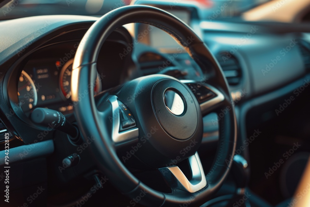 Close-up of a steering wheel in a car. Suitable for automotive industry concepts