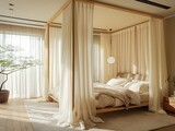 A bedroom with a canopy bed and a potted plant. The curtains are white and the bed is made. The room has a clean and minimalist look, with a focus on the bed and the potted plant