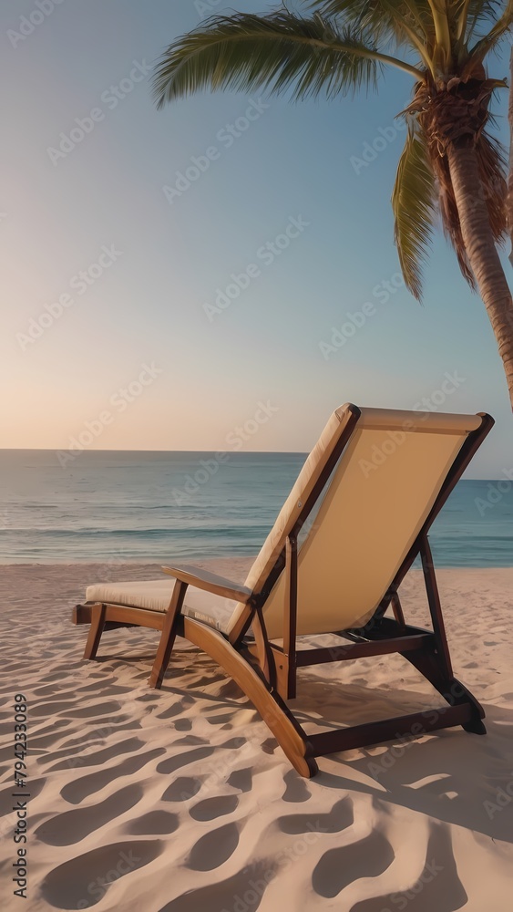 Beautiful sunrise over the ocean. Beautiful palm trees with a sun lounger. Generative AI, Generative, AI