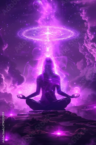 A woman sits and meditates in outer space. Fantastic universal energy.