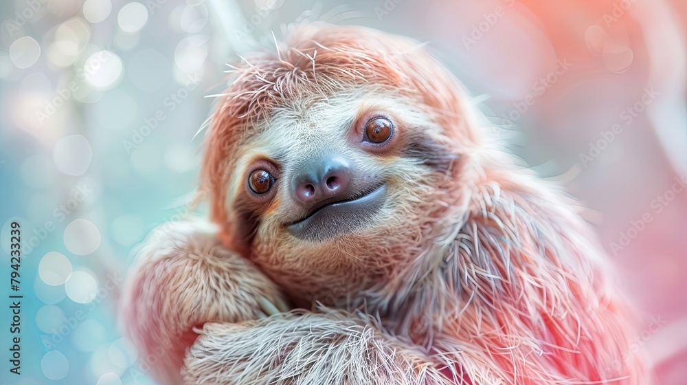 Naklejka premium A cute baby sloth is smiling and looking at the camera. The image has a warm and friendly mood, and it's a great representation of the cuteness of these animals