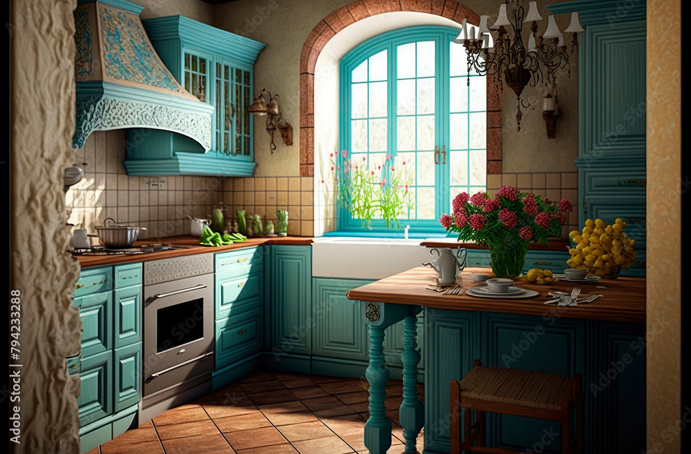 Provence style kitchen interior. Generative AI,